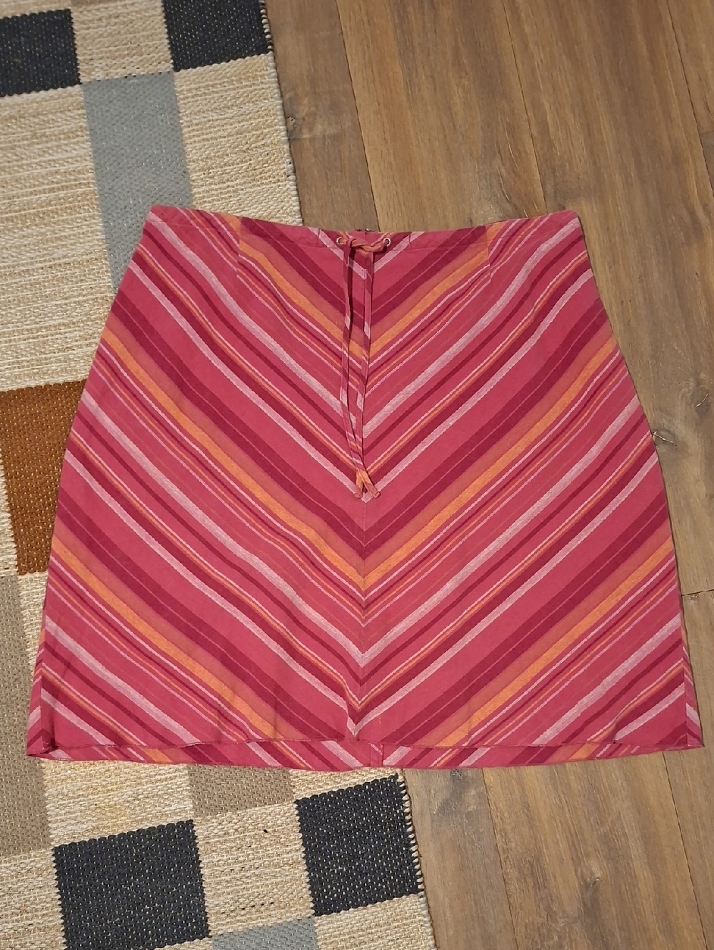Pink & Orange Linen & Cotton Summer Chevron Print A-line Mini Skirt (Size 16)